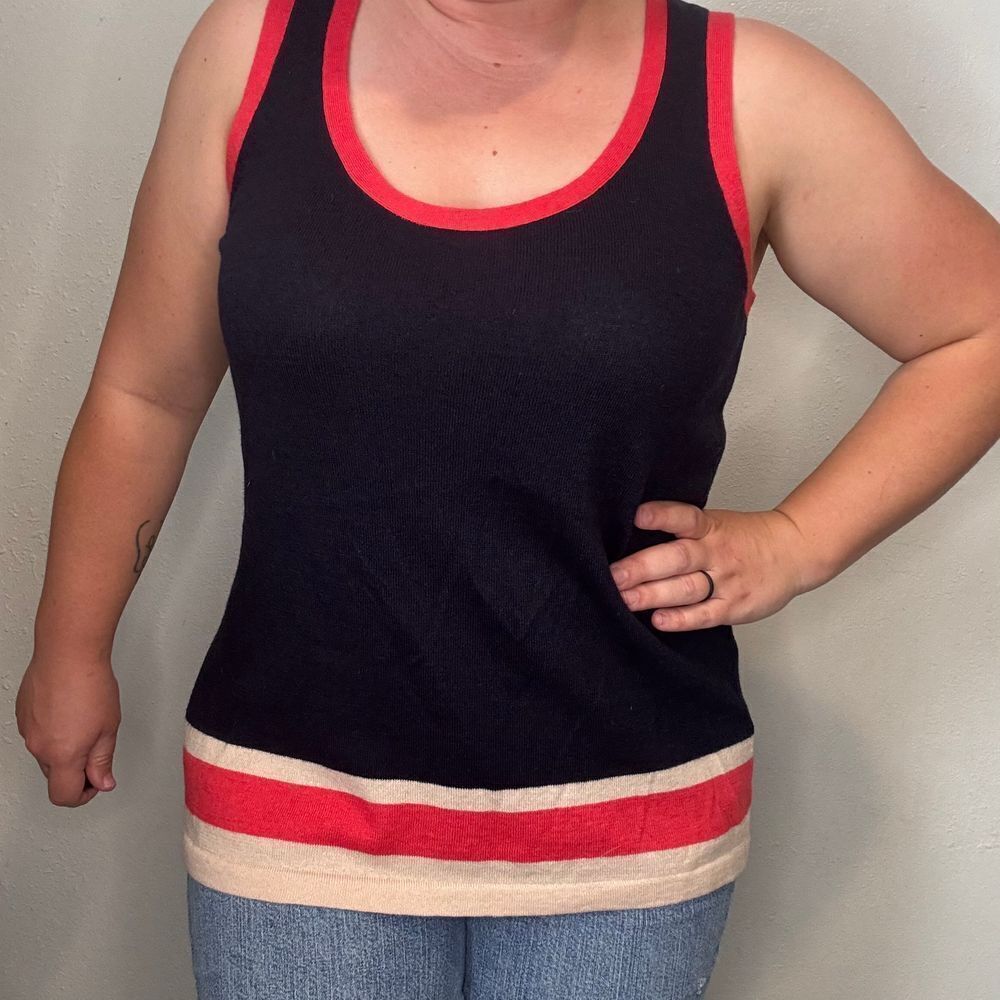 Saks Fifth Avenue Clothes‎ Real Navy Blue Red & Beige Striped Wool Blend Vest